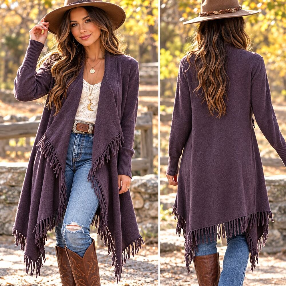 Elena Solano Sz. M Purple Fringe Cardigan Draped Waterfall Boho Whimsigoth Fairy